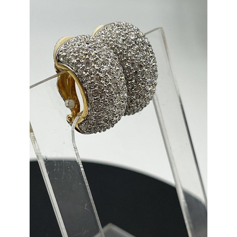 Swarovski Vintage Swan Signed Pave Crystal Rhinestone Clip Ons Hoop Earrings